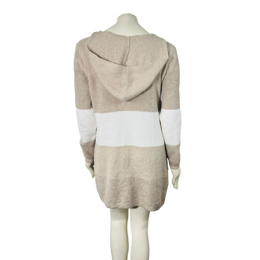 Cozy Hooded Long Cardigan Color Block Beige White Knit Sweater Peyton Primrose - Picture 4 of 9